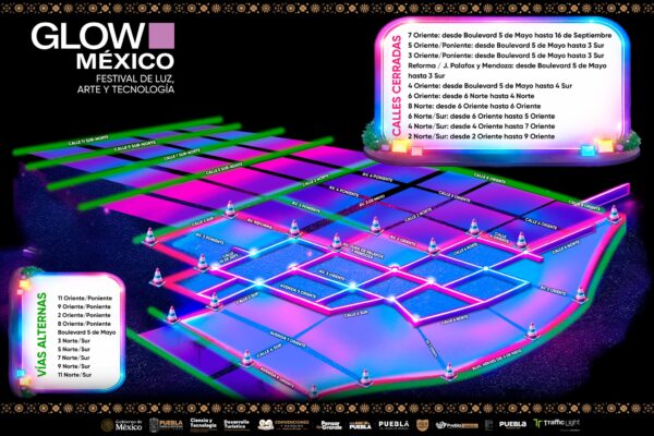 Habrá cierres viales en el Centro Histórico de Puebla por el Festival Glow del 11 al 19 de abril. IMAGEN: Parques y Convenciones Puebla.