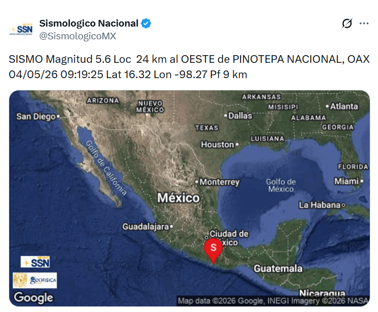 Susto matutino en Puebla; sismo de 5.6 sacudió al Estado y activó protocolos de emergencia. IMAGEN: Captura de pantalla X @SismologicoMX.