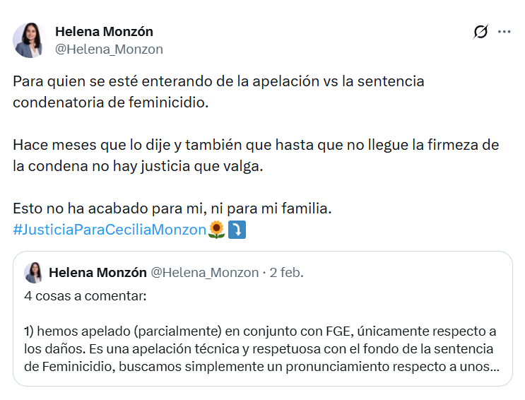 "Esto no ha acabado para mi, ni para mi familia": Helena Monzón ante la apelación de López Zavala.