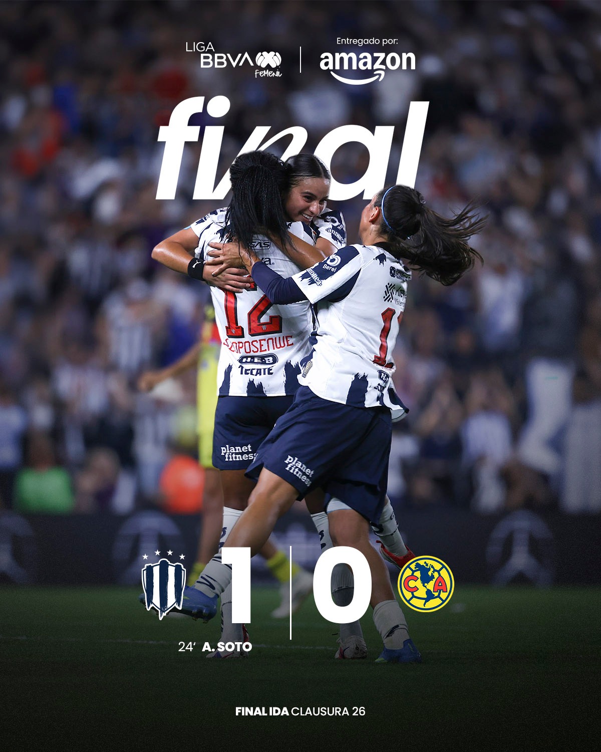 Las Rayadas de Monterrey tomaron ventaja en la final de ida de la Liga MX Femenil. IMAGEN: Liga BBVA MX Femenil.