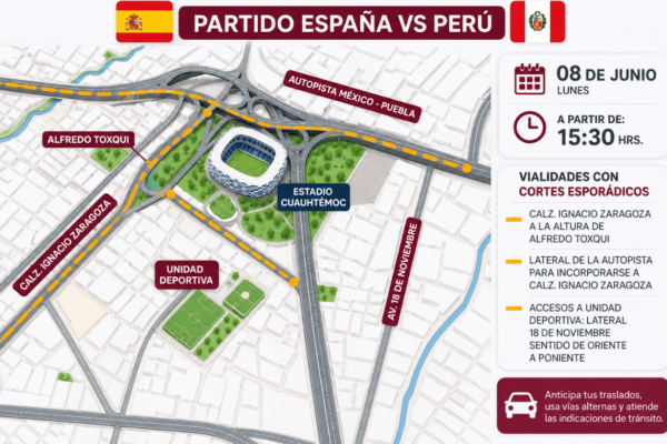 El España-Perú paralizará el norte de Puebla: vías cerradas y caos vial se esperan desde las 15:30 horas. IMAGEN: SSC Puebla.