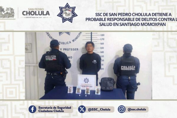 Elementos de la SSC de San Pedro Cholula detuvieron a un joven de 19 años en Santiago Momoxpan tras un reporte ciudadano.