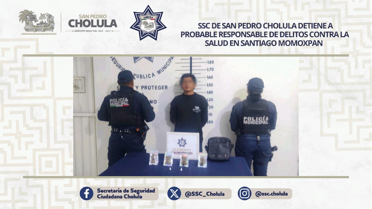 Elementos de la SSC de San Pedro Cholula detuvieron a un joven de 19 años en Santiago Momoxpan tras un reporte ciudadano.