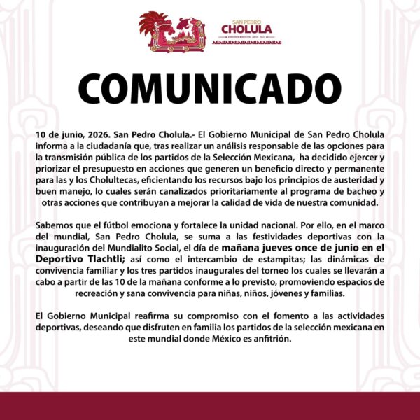 Sin transmisiones públicas del Mundial en San Pedro Cholula por medidas de austeridad.