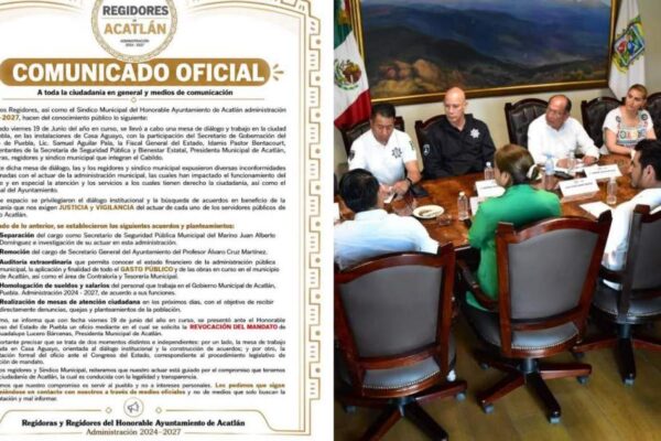 Regidores de Acatlán de Osorio formalizaron ante el Congreso de Puebla una solicitud para revocar el mandato de la presidenta municipal. IMAGEN: vía La Jornada de Oriente.